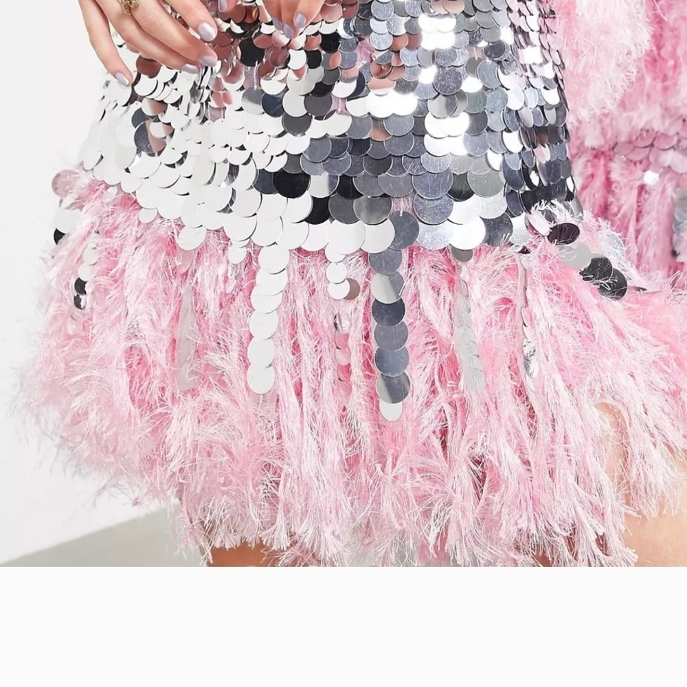 Pink Feather and Silver Sequin Skirt